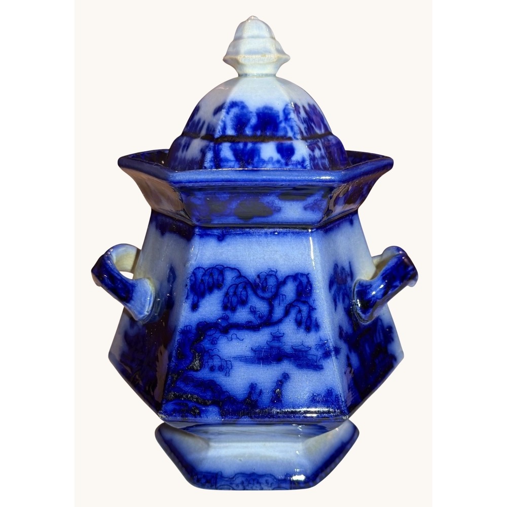 Antique Davenport Amoy Flow Blue Sugar Bowl Lid 8" Octagonal Ironstone 1840s